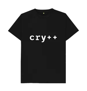 White design on a black T-shirt: The word cry followed by the increment operator