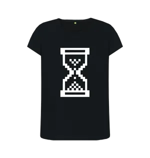 White design on a black T-shirt: Windows is contemplating the nature of time pixelated hourglass loading indicator icon