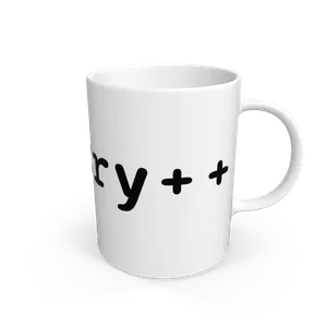 White design on a black T-shirt: A white mug with the text cry in lowercase followed by two plus symbols