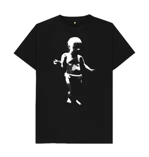 White design on a black T-shirt: Chaka  The dancing baby from Ally McBeal but in monochrome