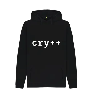 White design on a black T-shirt: The word cry followed by the increment operator