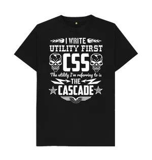 White design on a black T-shirt: A hypermasculine Tshirt design featuring skulls patriotic stars and flames with the text ucI write utility first CSS The utility Im referring to is the cascadeud