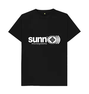 White design on a black T-shirt: Logo a mashup of Sunn amplification and Sun Microsystems