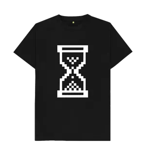 White design on a black T-shirt: Windows is contemplating the nature of time pixelated hourglass loading indicator icon