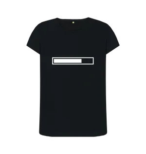 White design on a black T-shirt: It hasnut moved for  hours Illustration of a loading indicator at about  loaded