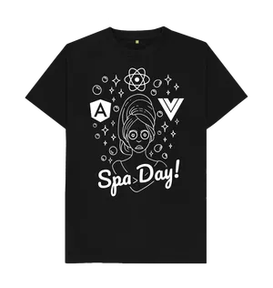 White design on a black T-shirt: A woman with a towel over her head and cucumber slices over her eyes emerges from a cloud of bubbles sparkles and singlepage application framework logos The text reads ucSpa Dayud She looks perturbed