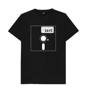 White design on a black T-shirt: Its the save icon except its a s  inch floppy