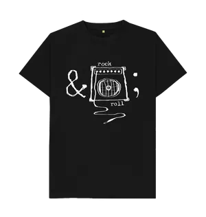 White design on a black T-shirt: A rough sketchy design that reads rock amp roll except the ampersand is the character entity reference with the amp part replaced with a guitar amplifier