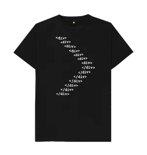 White design on a black T-shirt: A nested structure of slightly warped and degraded HTML div elements forming an arrow shape